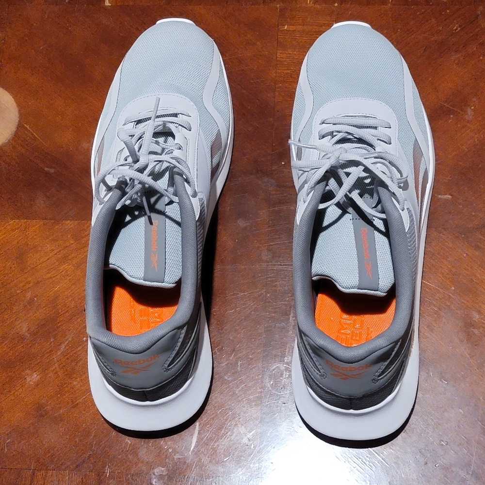 Reebok Memory Tech, 14, Silver, dark grey, and orange.
